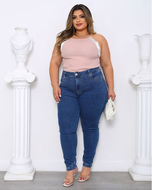 Calça Jeans Skinny Plus Size Cintura Alta com Aplicação 23887 Média