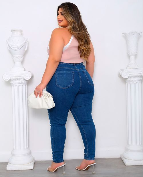 Calça Jeans Skinny Plus Size Cintura Alta com Aplicação 23887 Média