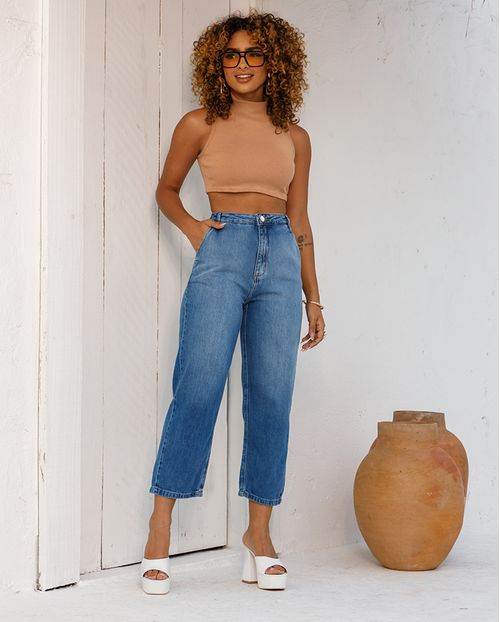 Calça Jeans Slouchy Feminina Cintura Alta Básica 24251 Médio/escuro