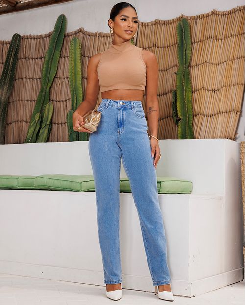 Calça Jeans Reta Feminina Cintura Alta com Elastano 23984 Média