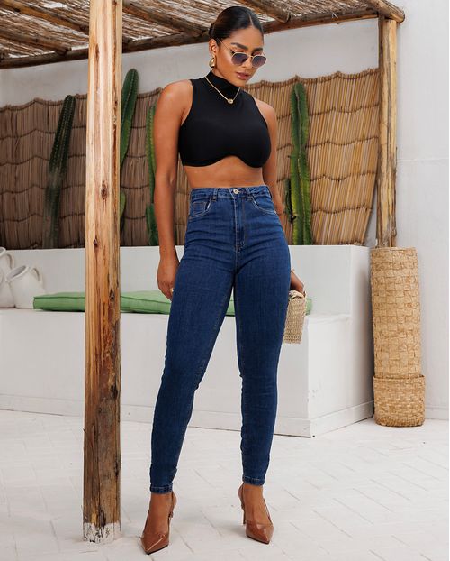 Calça Jeans Skinny Feminina Cintura Alta Premium 00801 Médio/escuro