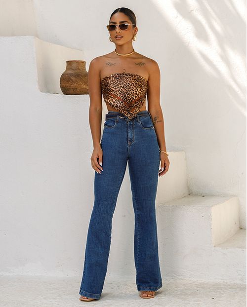 Calça Jeans Flare Feminina Cintura Alta com Cinto 24285 Escura