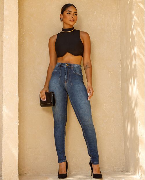 Calça Jeans Skiny Hot Feminina Cintura Alta Detalhe Frontal 24281 Escura