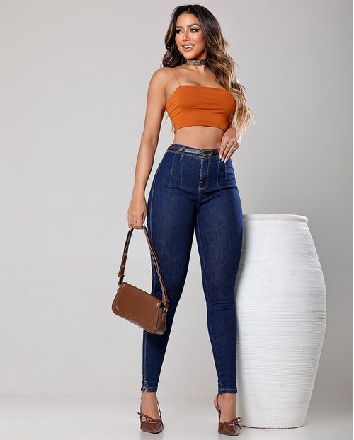 Calça Jeans Skinny Feminina Cintura Alta Detalhe Cós 23962 Escura
