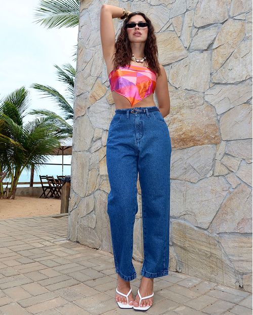 Calça Jeans Reta Straight Feminina Cintura Alta com Cinto 23731 Sky Escuro