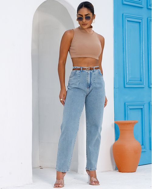 Calça Jeans Reta Feminina Cintura Alta com Cinto 24185 Sujinha