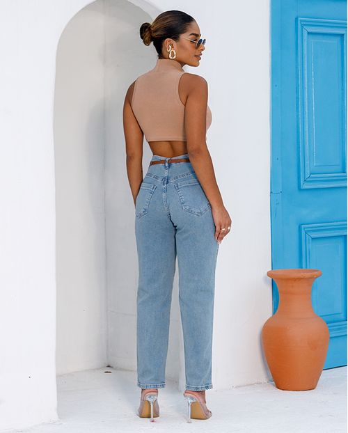 Calça Jeans Reta Feminina Cintura Alta com Cinto 24185 Sujinha