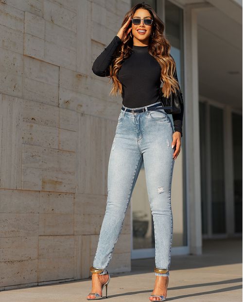 Calça Jeans Mom Feminina Cintura Alta com Cinto 23909 Marmorizado