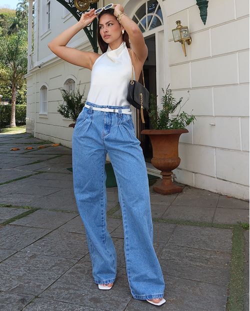 Calça Jeans Wide Leg Feminina Cintura Alta com Cinto 24275 Média