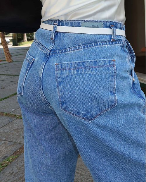 Calça Jeans Wide Leg Feminina Cintura Alta com Cinto 24275 Média