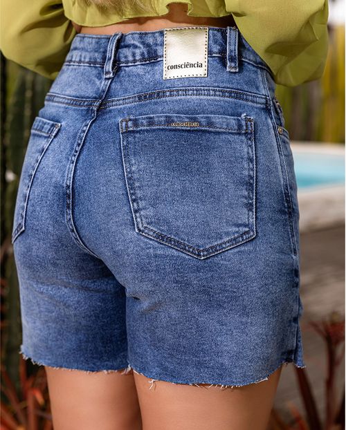 Shorts Saia Jeans Feminino Cintura Alta Barra Giletada 24115 Sky
