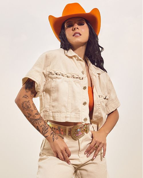 Camisa Sarja Over Cropped Feminina Entrelaçada Ana Castela 24303 Off White