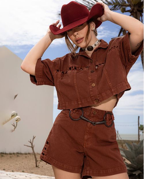 Camisa Sarja Over Cropped Feminina Entrelaçada Ana Castela 24303 Terracota