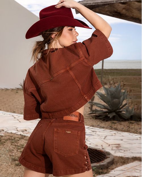 Camisa Sarja Over Cropped Feminina Entrelaçada Ana Castela 24303 Terracota