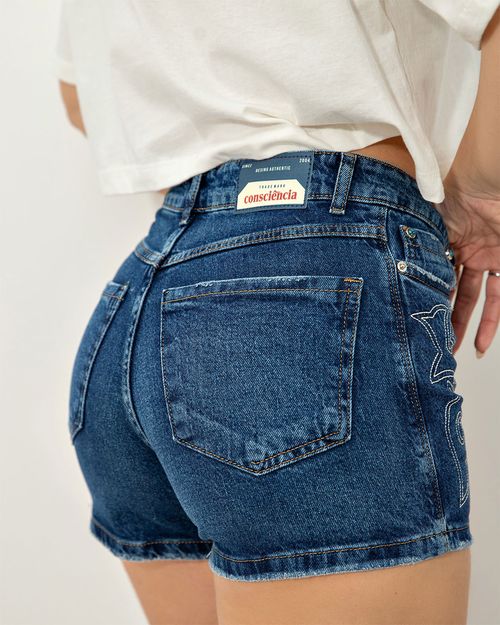 Shorts Jeans Mom Feminino Cintura Média com Bordado Ana Castela 24297 Escura