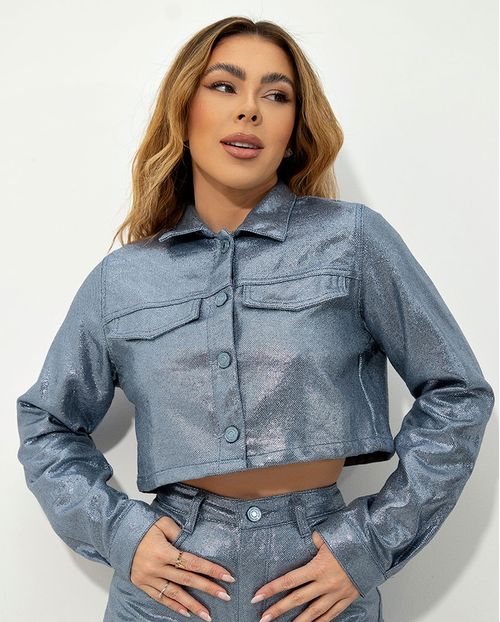Jaqueta Jeans Resinada Feminina Cropped Over Ana Castela 24338 Azul Metalizado