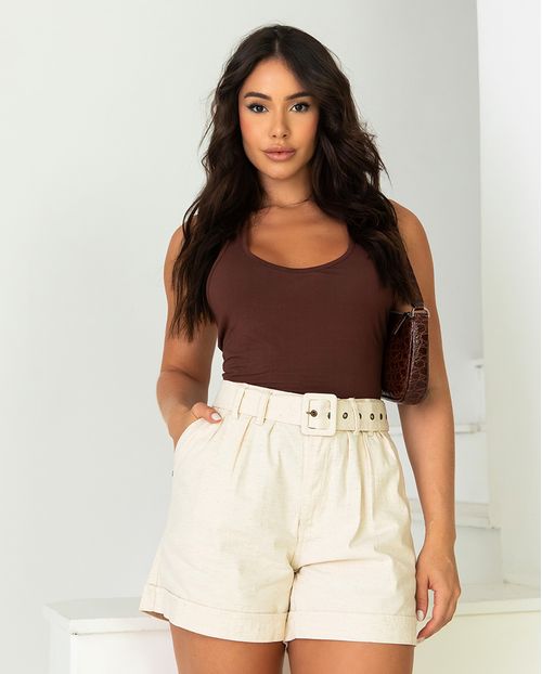 Shorts Linho Mom Feminino Cintura Alta com Cinto 24267 Linho