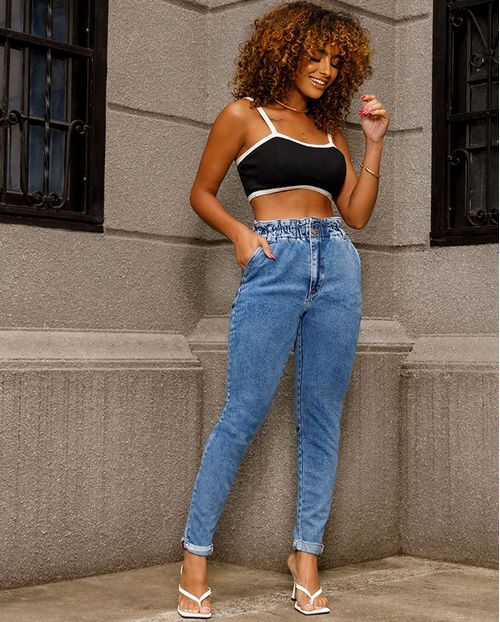 Calça Jeans Mom Clochard Feminina Cintura Alta com Elastano 23939 Sky Escuro