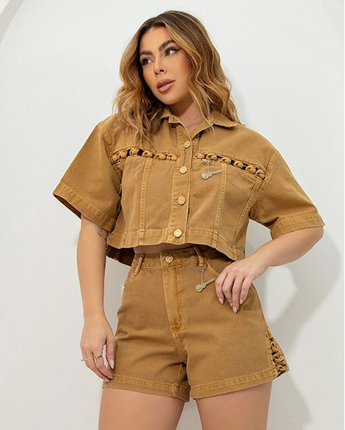 Shorts Sarja Mom Feminino Cintura Alta Entrelaçado Ana Castela 24305 Caqui