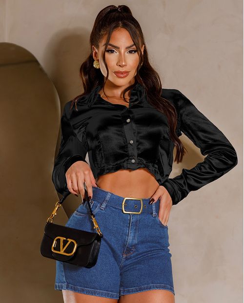 Shorts Jeans Mom Feminino Cintura Alta com Cinto 23980 Médio/escuro