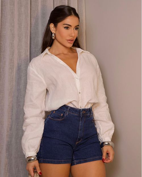 Shorts Jeans Mom Feminino Cintura Alta Básico com Elastano 70201 Escura