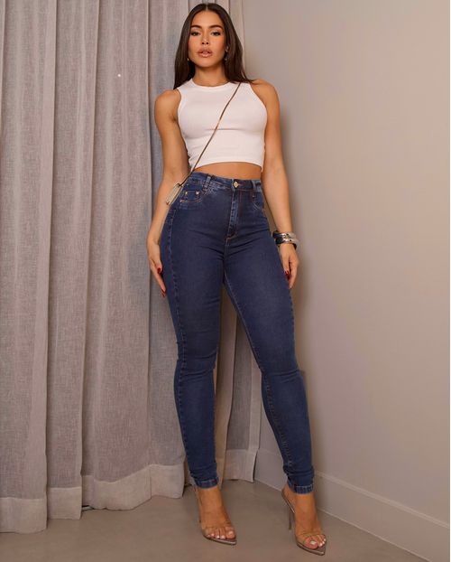 Calça Jeans Skinny Extreme Power Feminina Cintura Alta Básica 00507 Sky Escuro