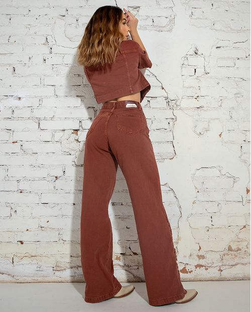 Calça Sarja Wide Leg Feminina Cintura Alta Entrelaçada Ana Castela 24304 Terracota