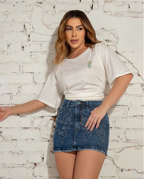 Mini Saia Jeans Feminina Cintura Média com Bordado Ana Castela 24296 Escura