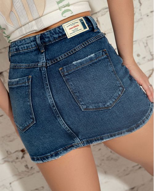 Mini Saia Jeans Feminina Cintura Média com Bordado Ana Castela 24296 Escura