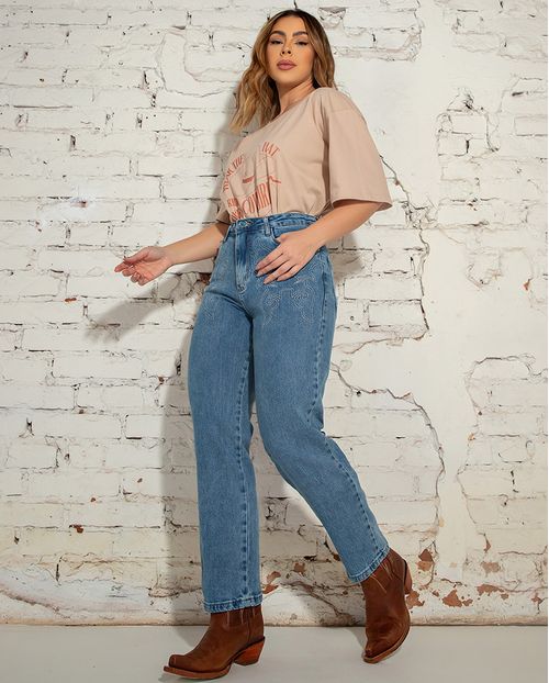 Calça Jeans Straight Feminina Cintura Alta com Bordado Ana Castela 24316 Clara