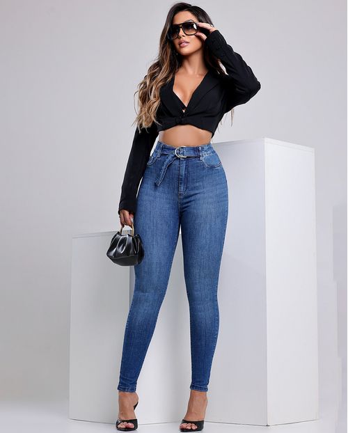 Calça Jeans Skinny Hot Feminina Cintura Alta Fivela Meia Lua 24196 Escura