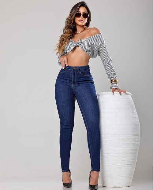Calça Jeans Skinny Feminina Cintura Alta Premium 00801 Escura