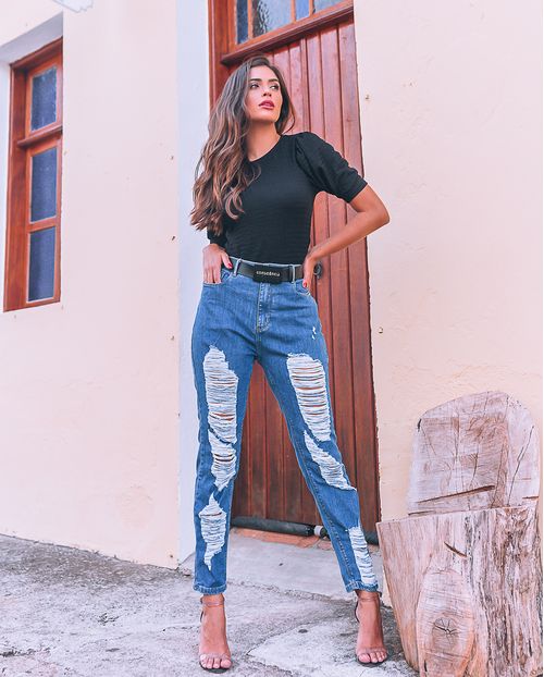 Calça Jeans Mom Feminina Cintura Alta Rasgada 17906 Unica