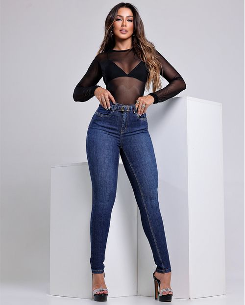 Calça Jeans Skinny Feminina Cintura Média com Cinto Embutido 23765 Escura