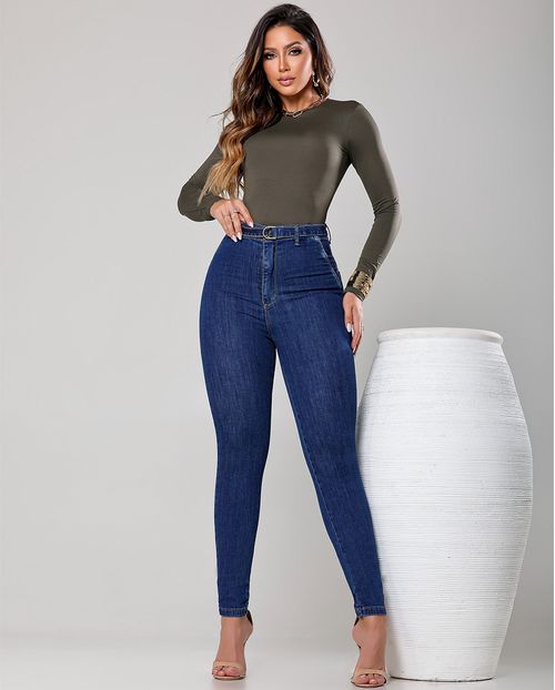 Calça Jeans Skinny Hot Feminina Cintura Alta Bolso Faca com Cinto 24284 Escura