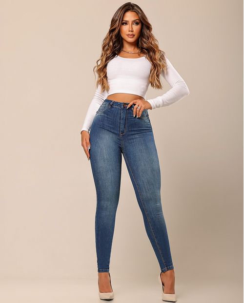 Calça Jeans Skinny Hot Feminina Cintura Alta Detalhe Bolso 24377 Escura com Used