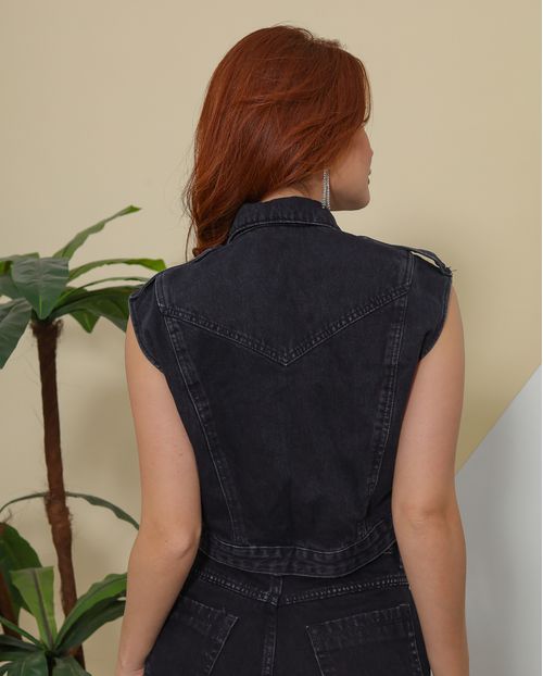 Colete Jeans Cropped Feminino com Aplicação 23038 Preto