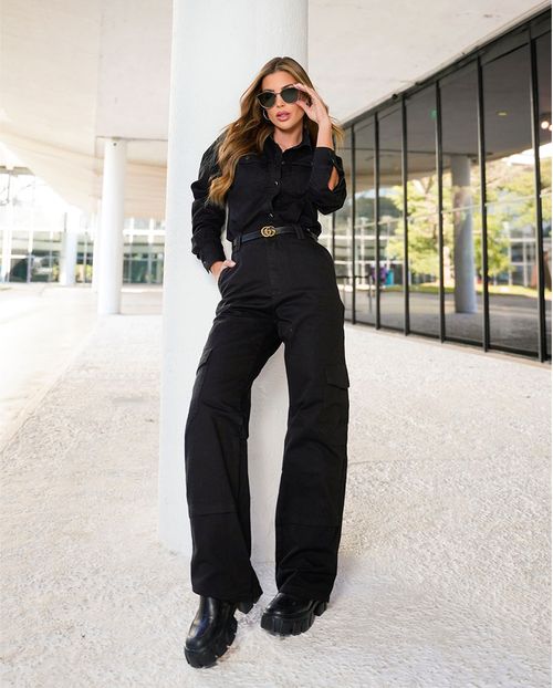 Calça Sarja Wide Leg Feminina Bolso Cargo 22891 Preto