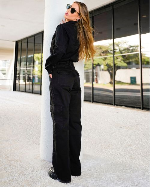 Calça Sarja Wide Leg Feminina Bolso Cargo 22891 Preto