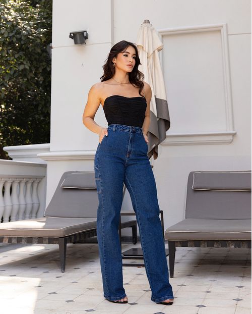 Calça Jeans Wide Leg Feminina Cintura Alta Carpinteiro 22990 Escura