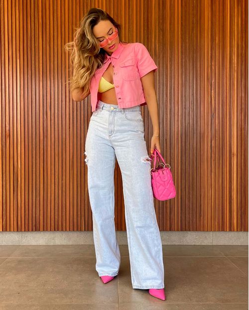 Calça Jeans Feminina Wide Leg Basica Clara   29004 Ice Rasgada