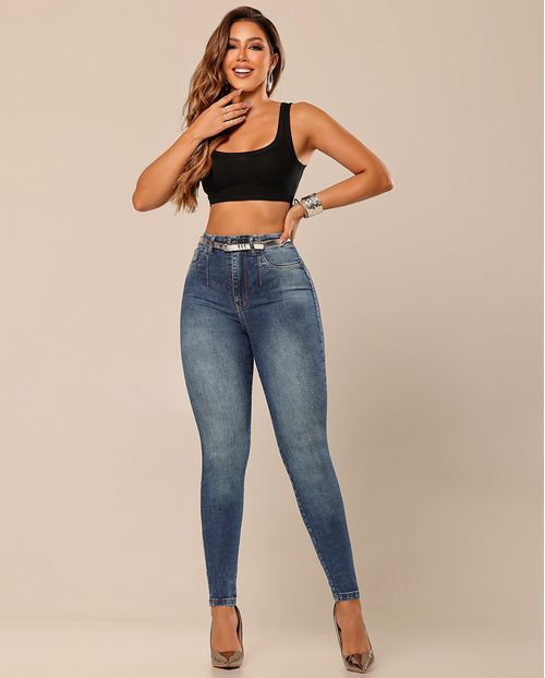 Calça Jeans Skinny Hot Feminina Cintura Alta Cós Revel com Cinto 24370 Escura com Used