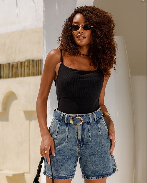 Shorts Jeans Mom Feminino Cintura Alta com Cinto 23974 Sujinha Média