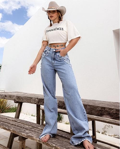 Calça Jeans Wide Leg Feminina Cintura Alta Bordado Ana Castela 24331 Clara