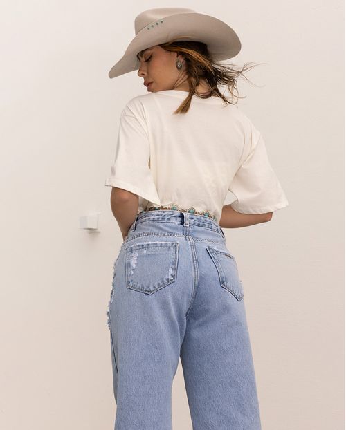 Calça Jeans Wide Leg Feminina Cintura Alta Bordado Ana Castela 24331 Clara