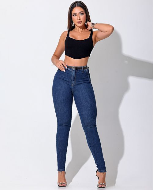 Calça Jeans Skinny Hot Feminina Cós Revel e Cinto Pu 24372 Escura