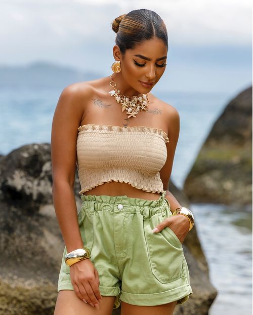 Shorts Sarja Clochard Feminino Cintura Alta com Elástico 24388 Verde Menta