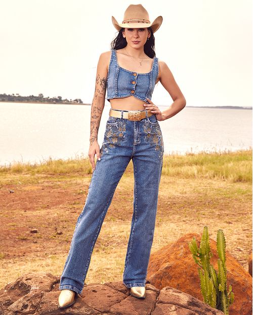 Calça Jeans Wide Leg Feminina com Bordado Flor 24366 Média
