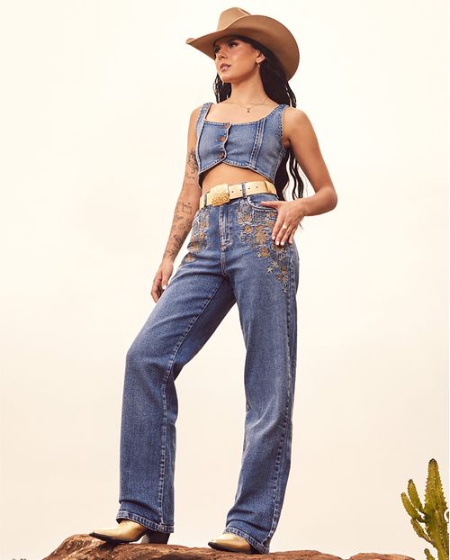 Calça Jeans Wide Leg Feminina com Bordado Flor 24366 Média