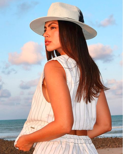 Colete Linho Feminino Alfaiataria Listrado 24407 Listrado Off White